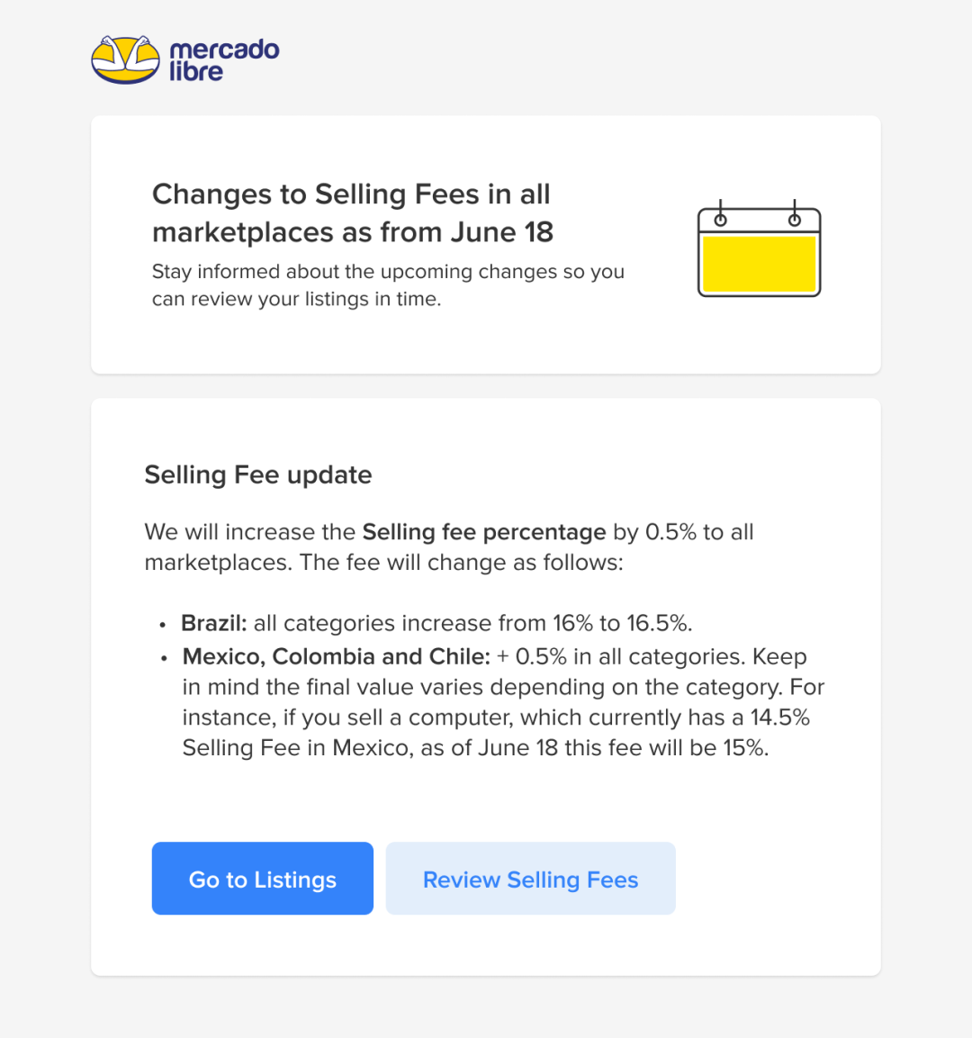Mercado Libre 美客多各站點銷售費用變更通知