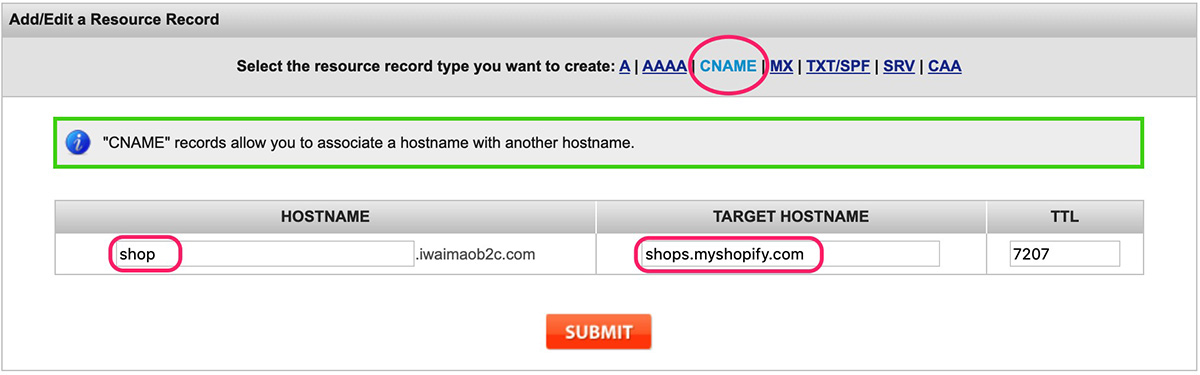 namesilo綁定Shopify子域名