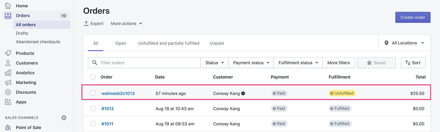 Shopify測試訂單