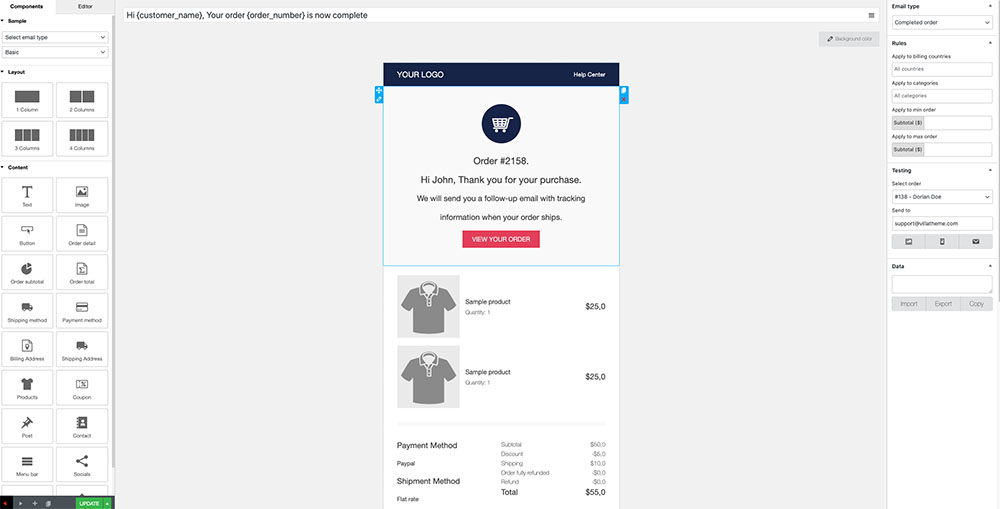 推薦使用插件 WooCommerce Email Template 編輯器來編輯郵件