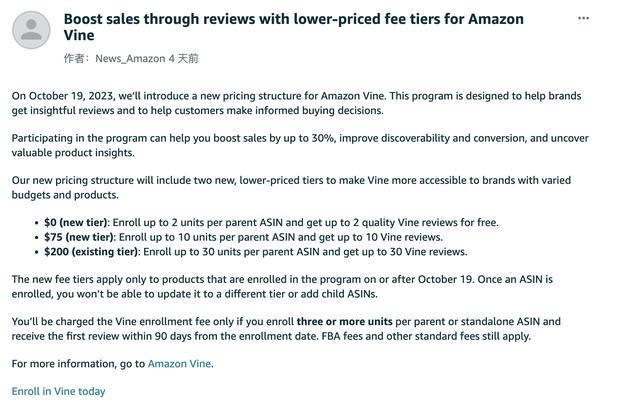 亞馬遜Amazon Vine費用調整最新消息！