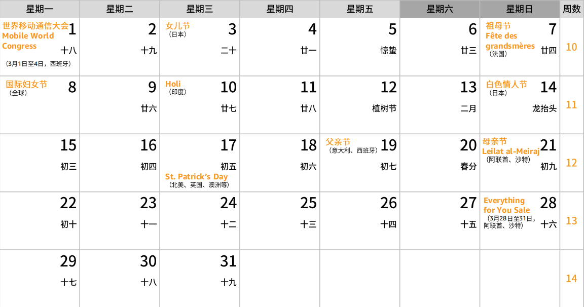 最全的亞馬遜節日活動表