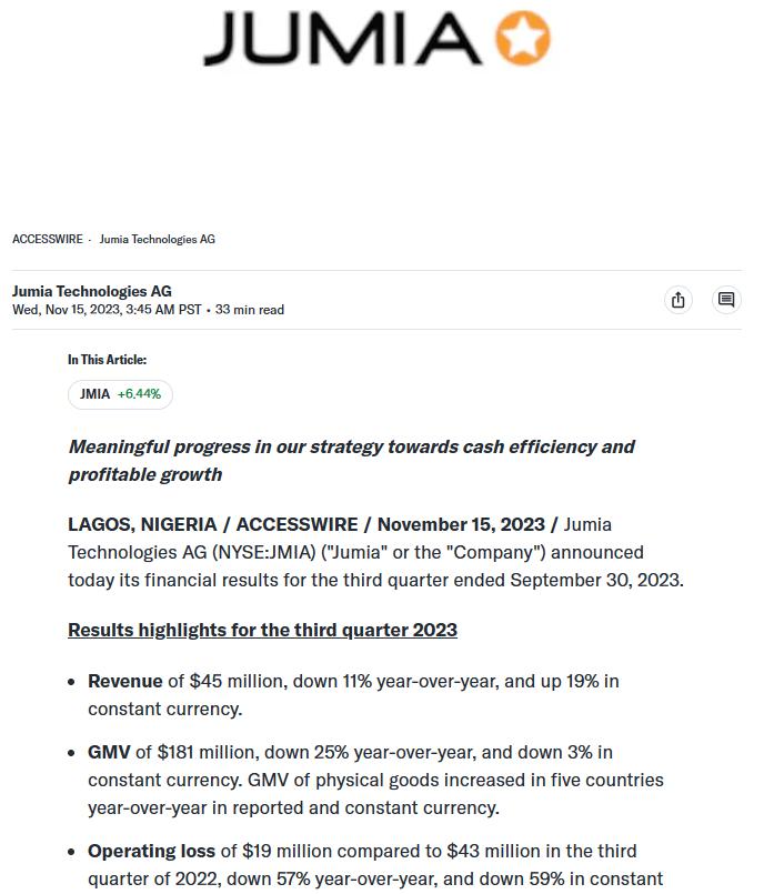 Jumia 2023年第三季度營收4500萬美元，五個國家實物商品GMV同比增長