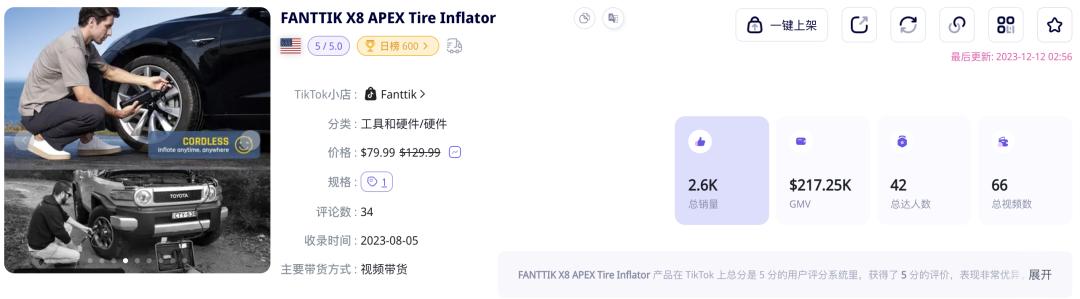GMV400萬美元！戶外工具與儲能品牌Fanttik登上TikTok美國小店榜Top4