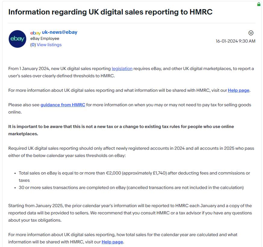 eBay英國站發佈有關向 HMRC 報告英國數字銷售的信息
