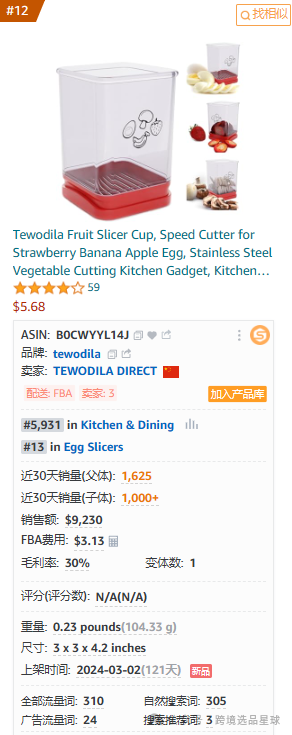 亞馬遜選品-數據分析第10期 杯子草莓切片器