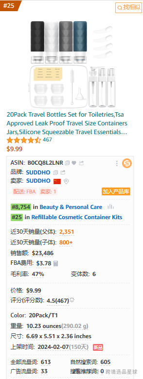 亞馬遜選品-數據分析第15期 旅行分裝瓶
