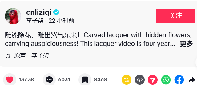 李子柒歸來，TikTok播放量超百萬，依然是頂流！