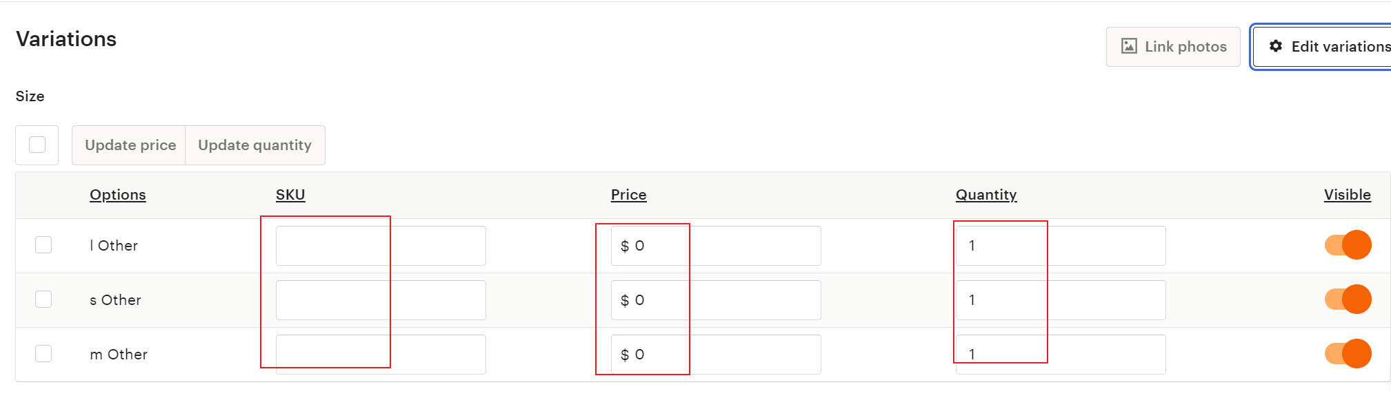 Etsy如何設置listing變體，如何設置多個sku？