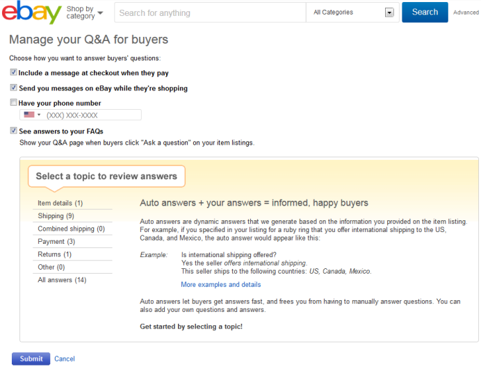 eBay的Manage your Q&A for buyers 設置買家常見問答